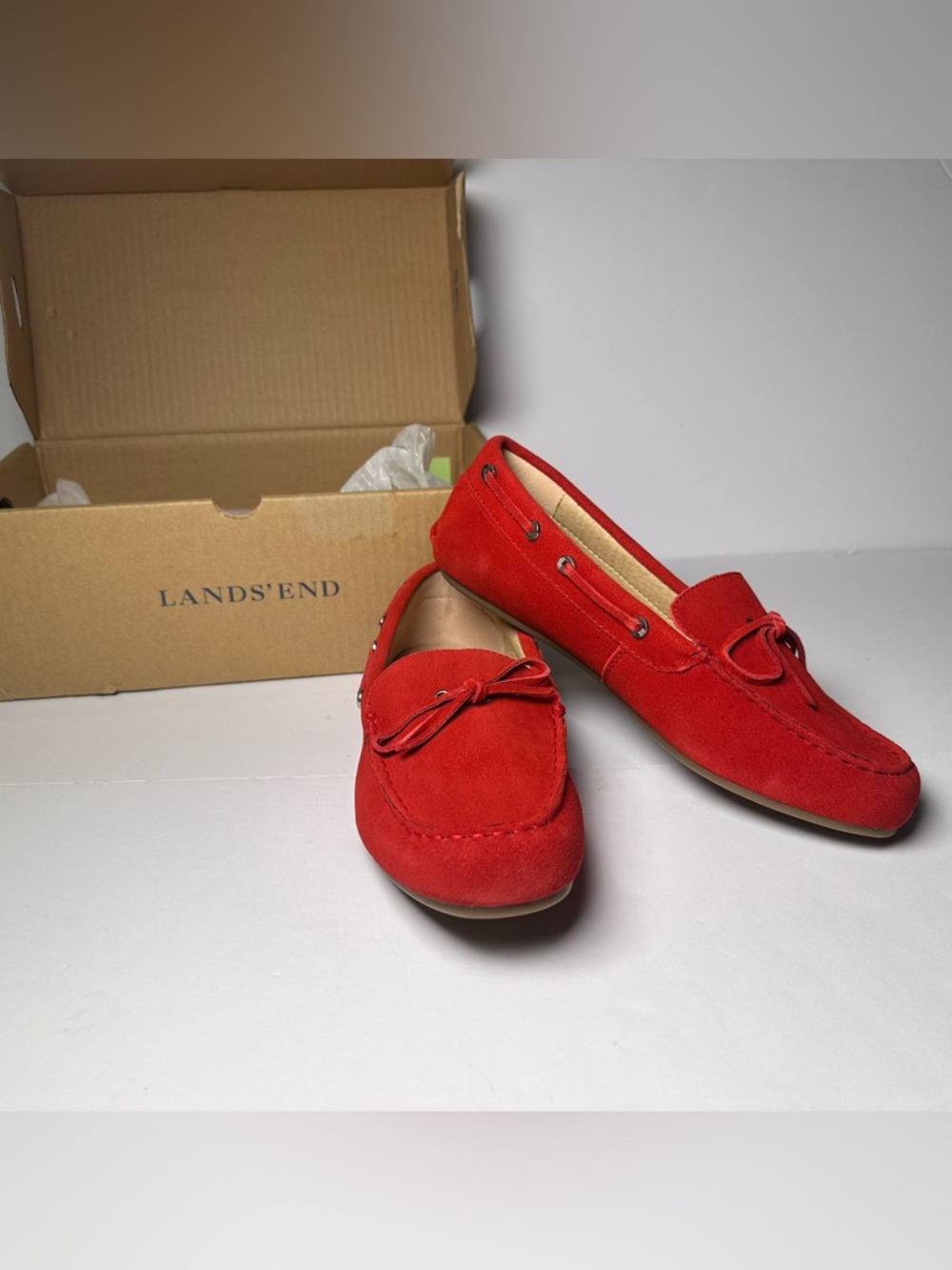 NIB Lands' End Womens Cherry Red Suede Leather MOCCASIN Driving LOAFERS-8 W-Mocs